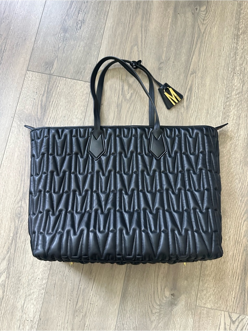 Moschino Couture Made in Italy Quilted Leather Tote Large Black M Logo $1200 EUC